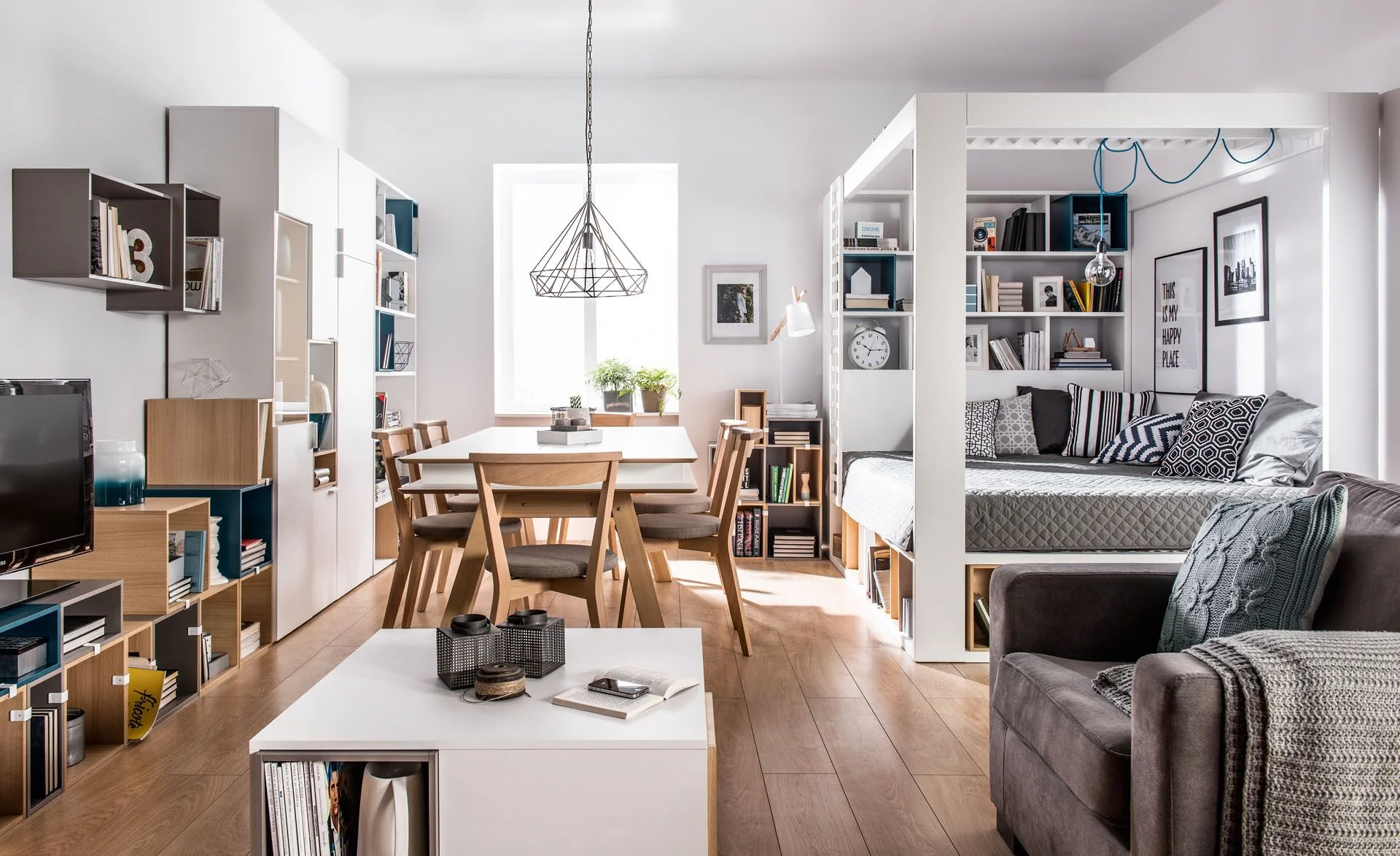 Wielofunkcyjny salon z jadalnią i strefą sypialnianą